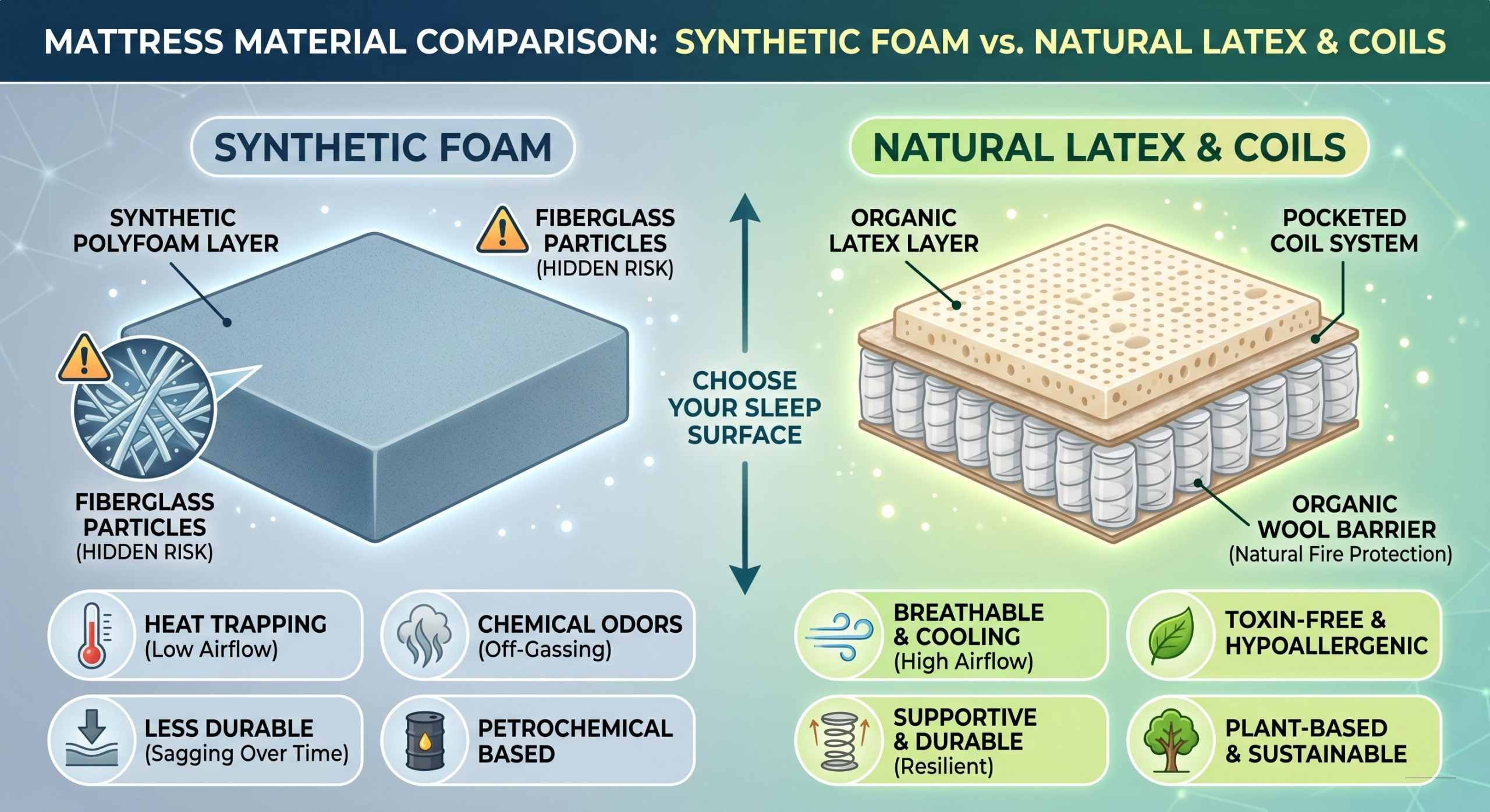 Mattress material comparison: Synthetic Foam vs. Natural Latex and Coils (Fiberglass Risk vs. Toxin-Free)